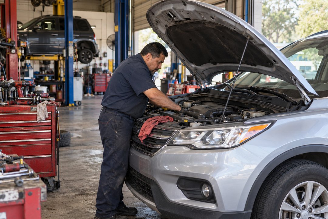 A mechanic working under the hood of an SUV in a repair shop