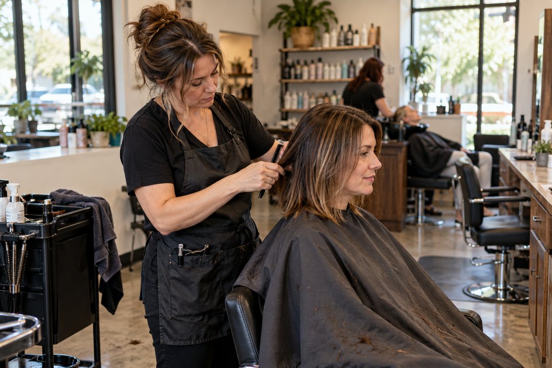 A stylist cutting a client's hair at a salon