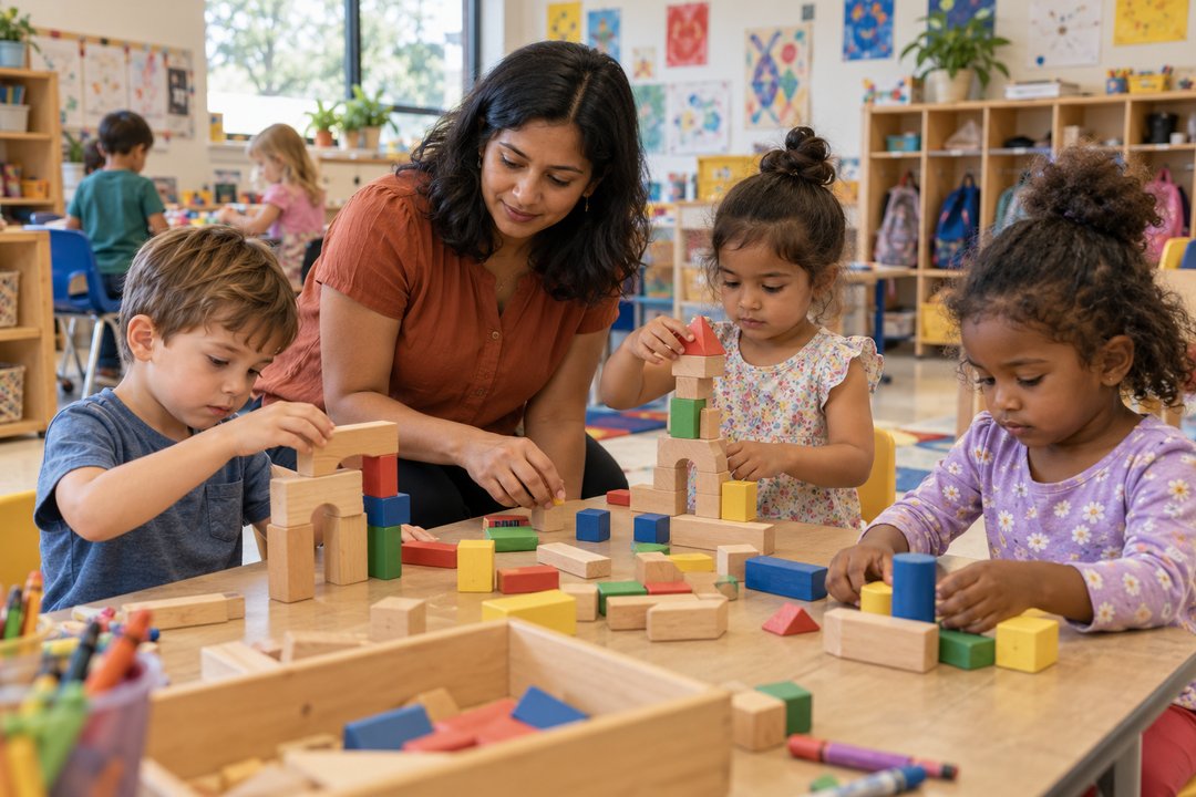 A preschool teacher building with wooden blocks alongside young children