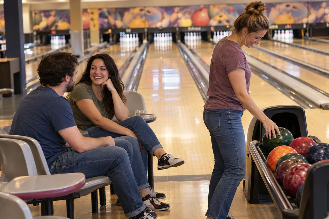 Friends laughing together at a bowling alley