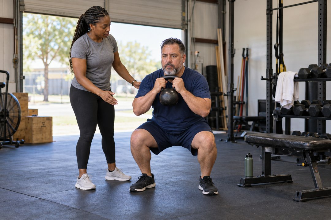 A trainer coaching a man through a kettlebell squat