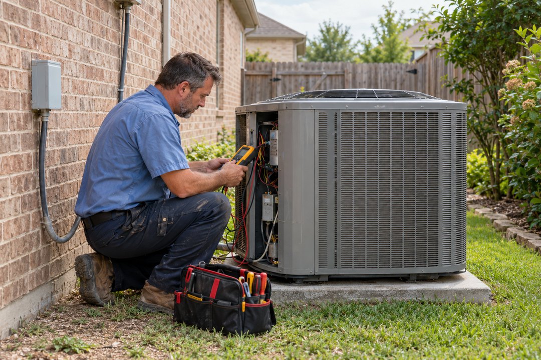 A technician servicing a home air conditioning unit