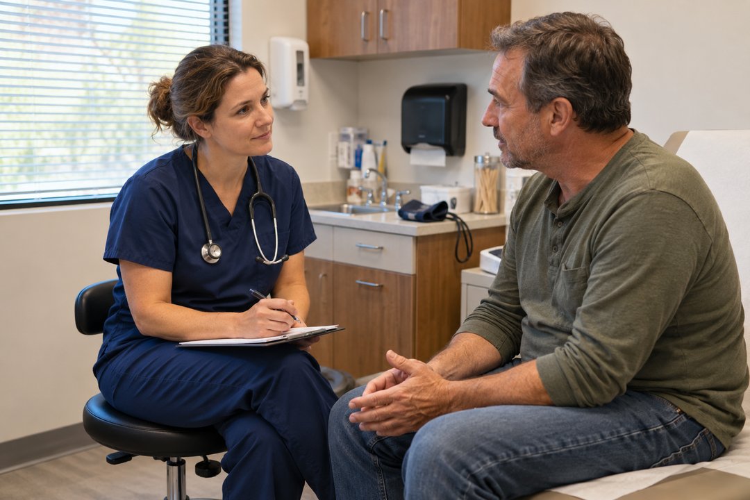 A nurse talking with a patient in an exam room