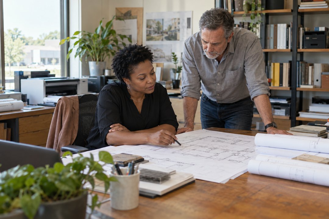 An architect and a colleague reviewing building plans at a desk