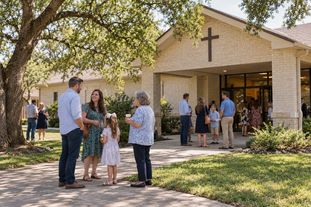 Families talking outside a brick church under live oaks