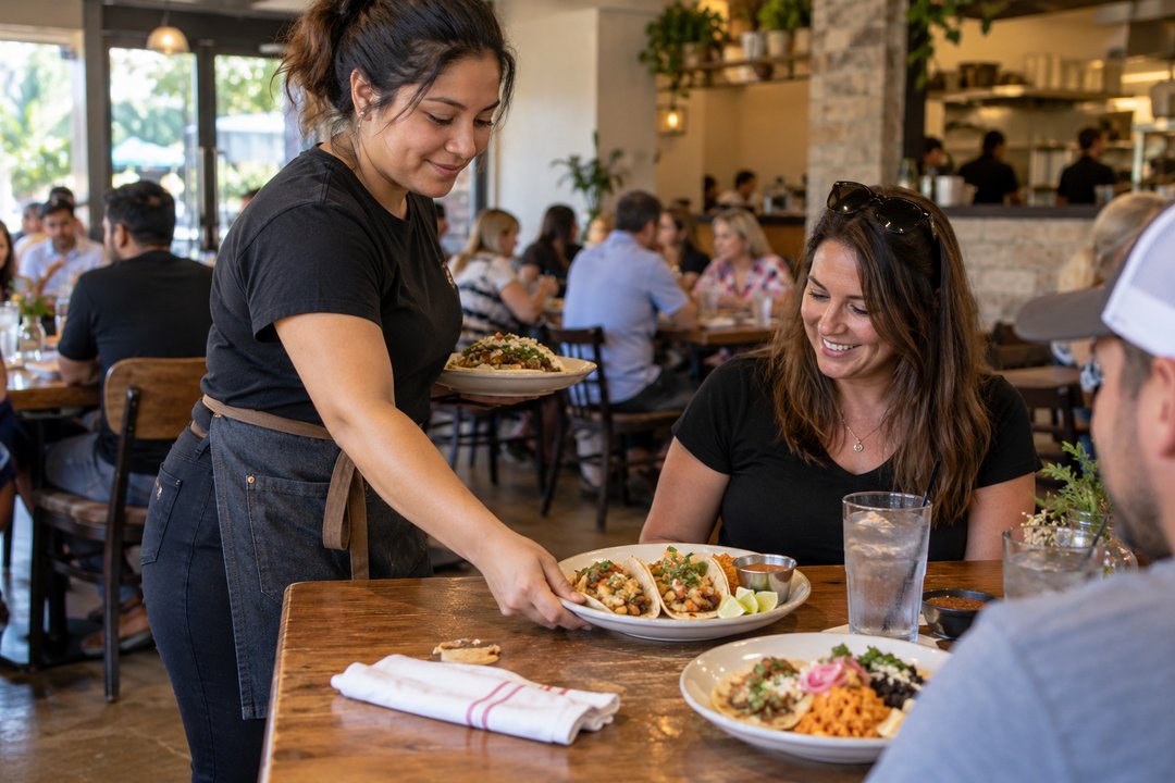 A server bringing tacos to diners at a busy restaurant
