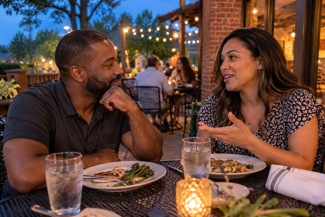 A couple talking over dinner on a restaurant patio