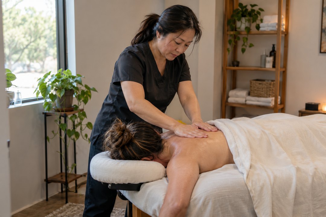 A massage therapist working with a client