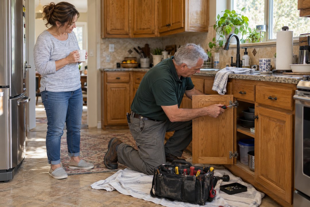 A plumber fixing a kitchen sink while the homeowner watches