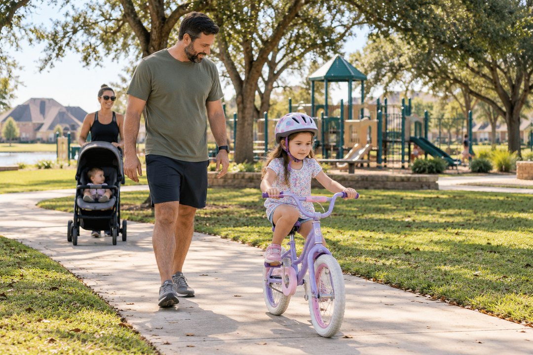 A dad walking beside his daughter learning to ride a bike in a park