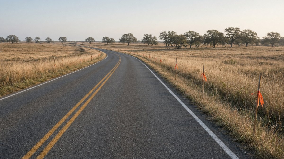 Two-lane country road through prairie grass with orange survey stakes along the shoulder. Not the actual Fulshear Bend Drive site.