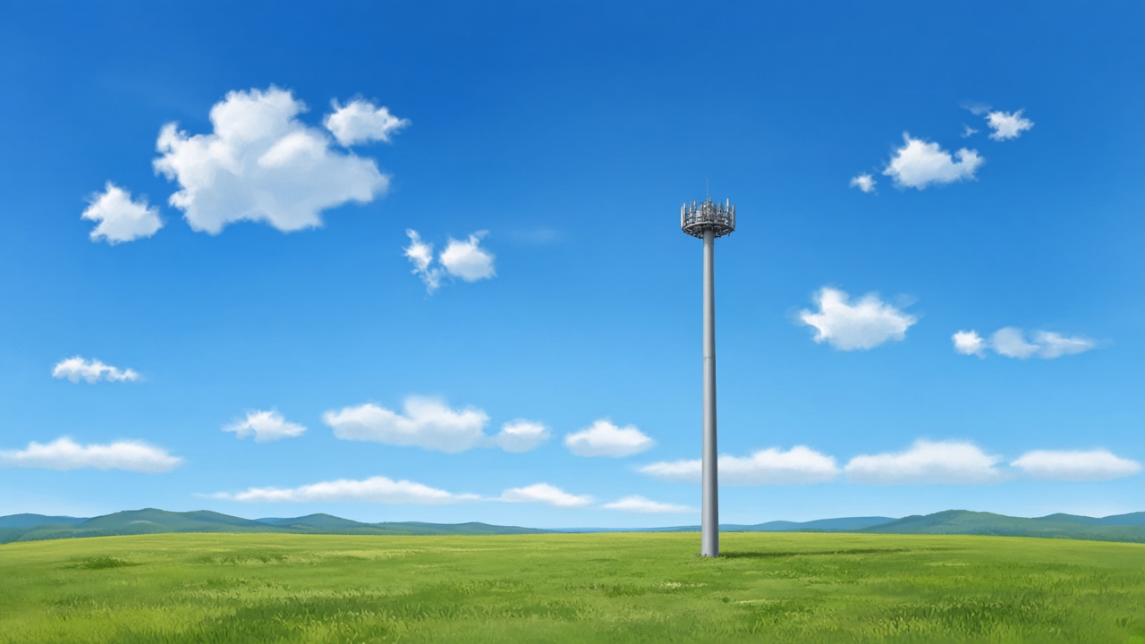 A generic monopole cell tower in an open grassy field under a blue sky, with equipment cabinets at the base. Not 27500 Fulshear Bend Drive or Jordan High School.