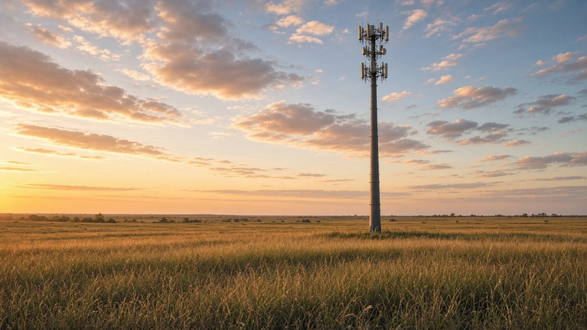 Illustration of a cell tower on open prairie at sunset. Not the actual site.