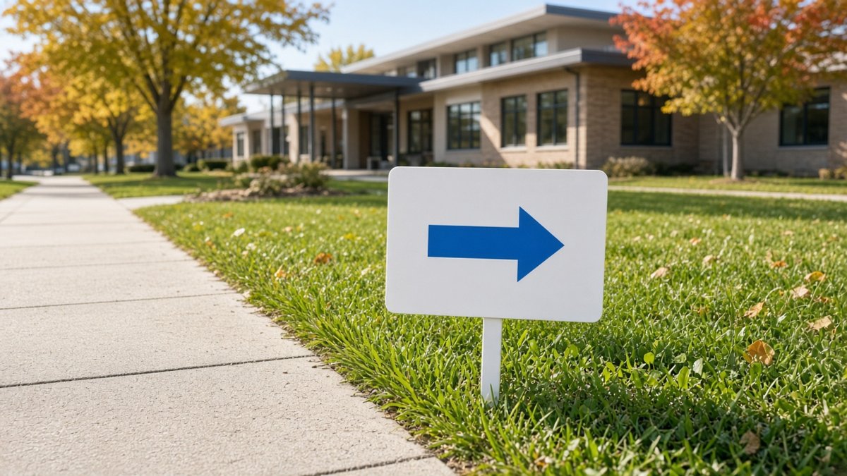 Illustration of a blank directional yard sign with a blue arrow on a lawn beside a sidewalk leading to a single-story community building.