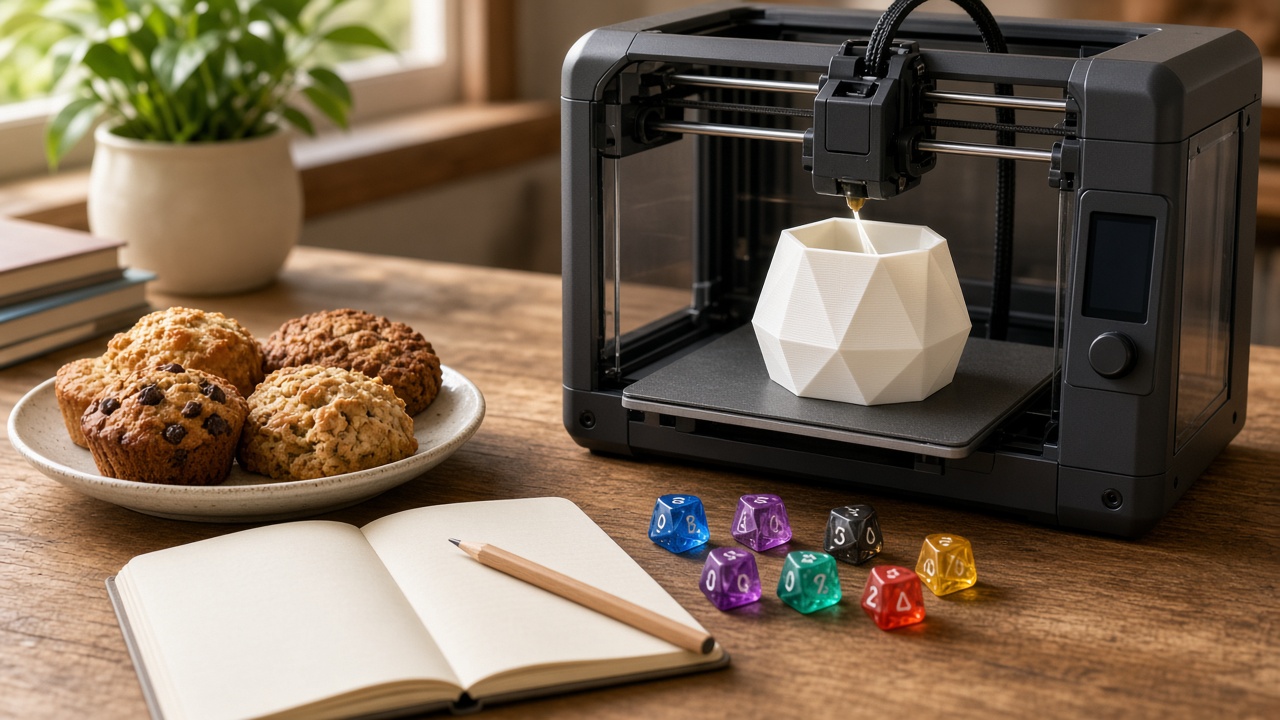 Illustration of a tabletop in soft daylight with a desktop 3D printer extruding bright filament, polyhedral gaming dice, an open notebook, and a plate of homemade baked goods. The drawing is not a photograph of the Fulshear Branch Library.