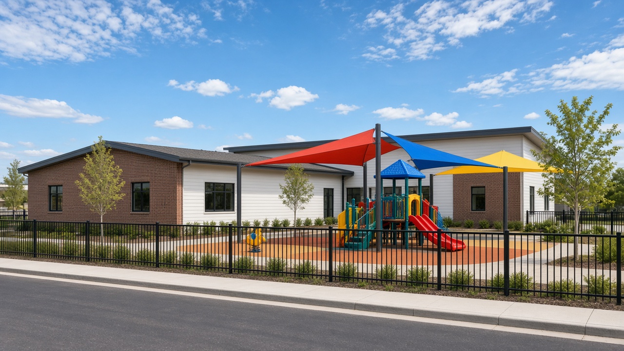 Single-story preschool building with a fenced playground and shade sails. Not the actual Primrose School of Fulshear.